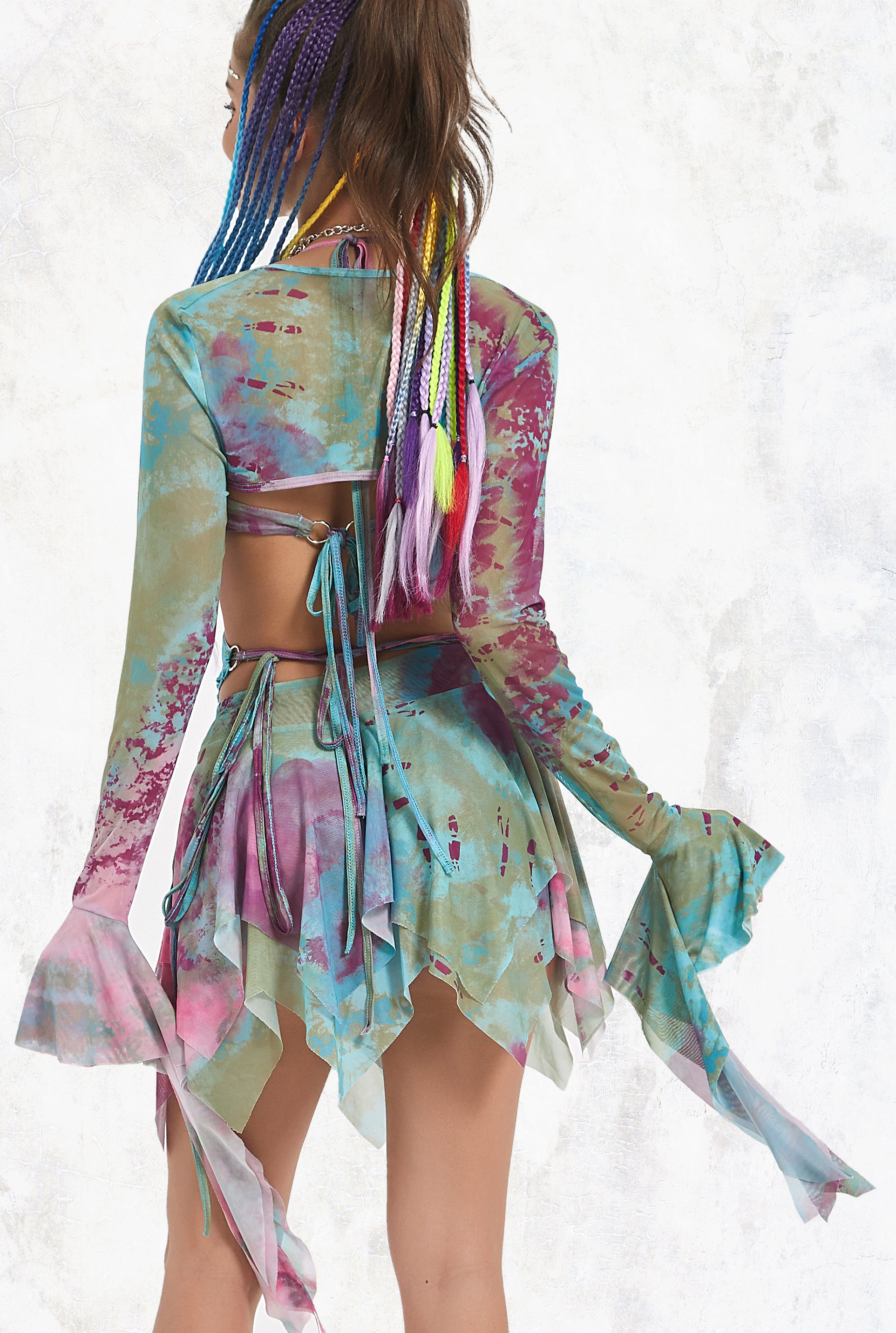 3 Piece Tie Dye Print Ruffle Bandage Shrug Skirt Sets