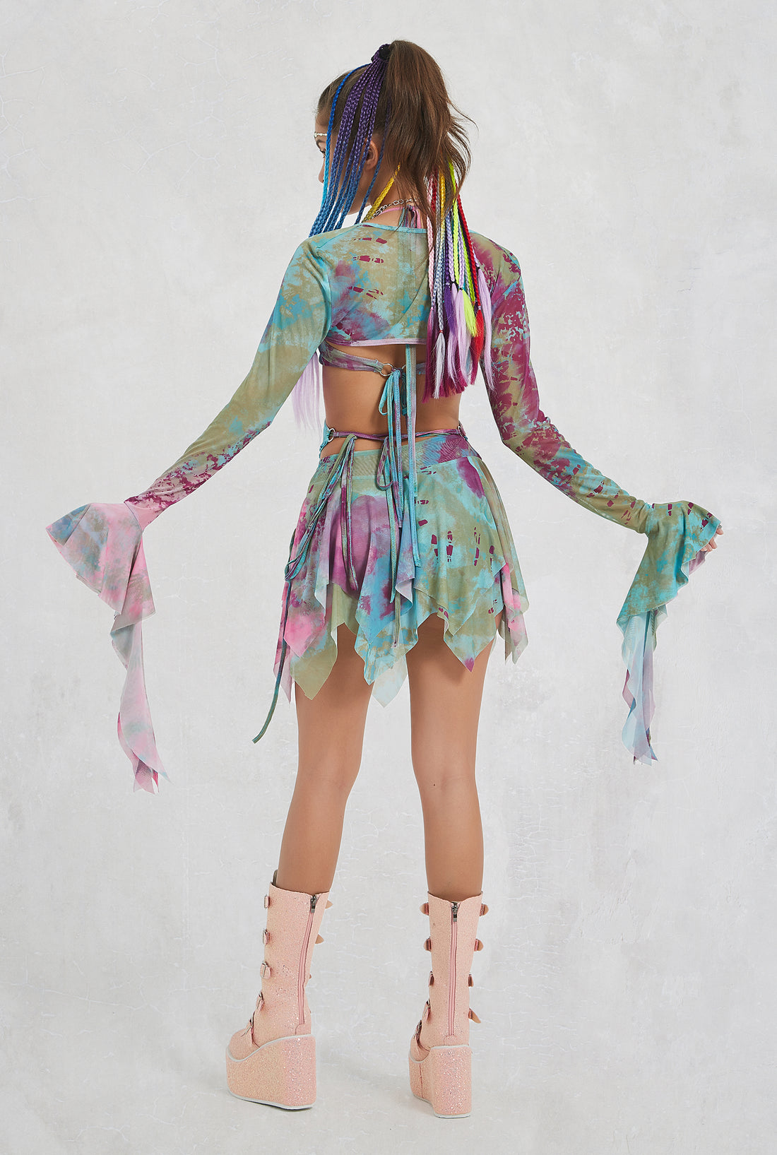 3 Piece Tie Dye Print Ruffle Bandage Shrug Skirt Sets