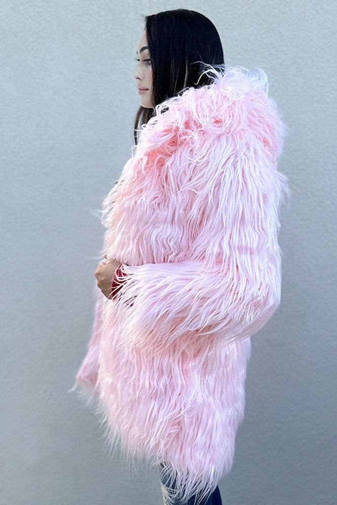 Bear Ear Hood Winter Long Furry Coat - Light Pink