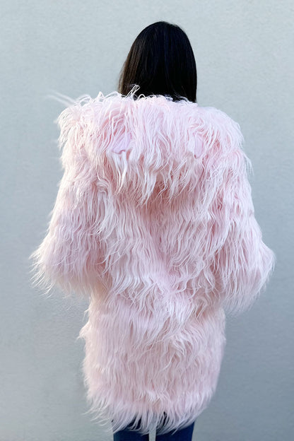 Bear Ear Hood Winter Long Furry Coat - Light Pink