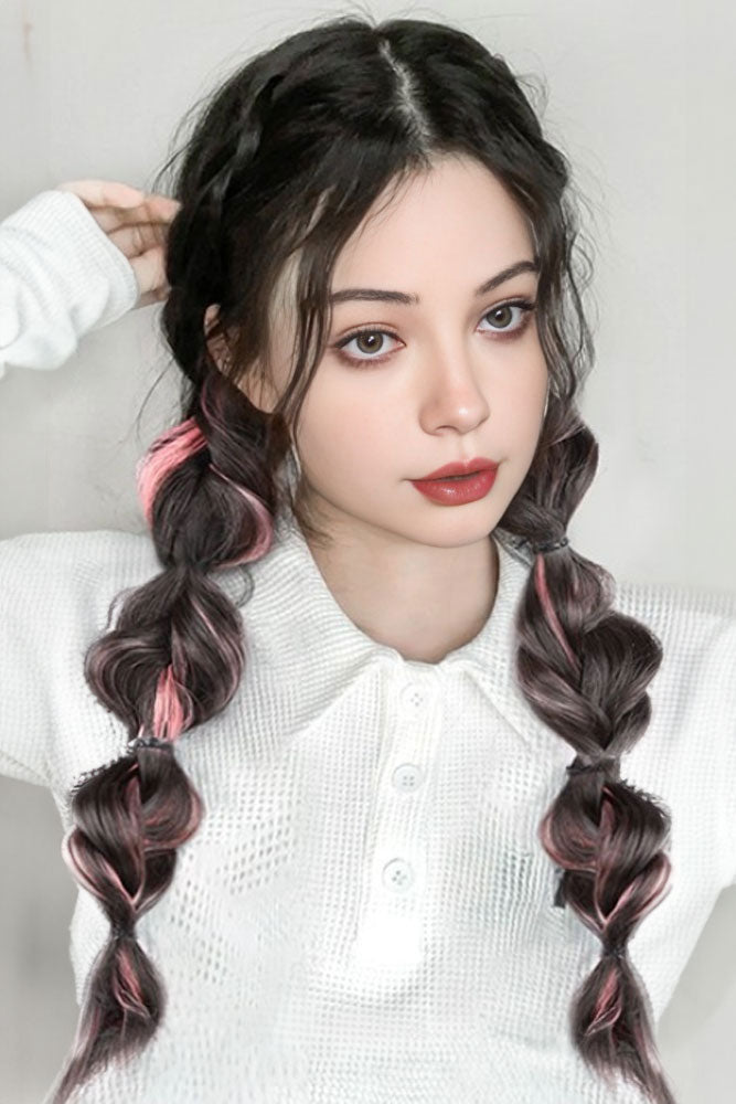 14&quot; Pink Pigtails Braided Hair Ponytail Extension