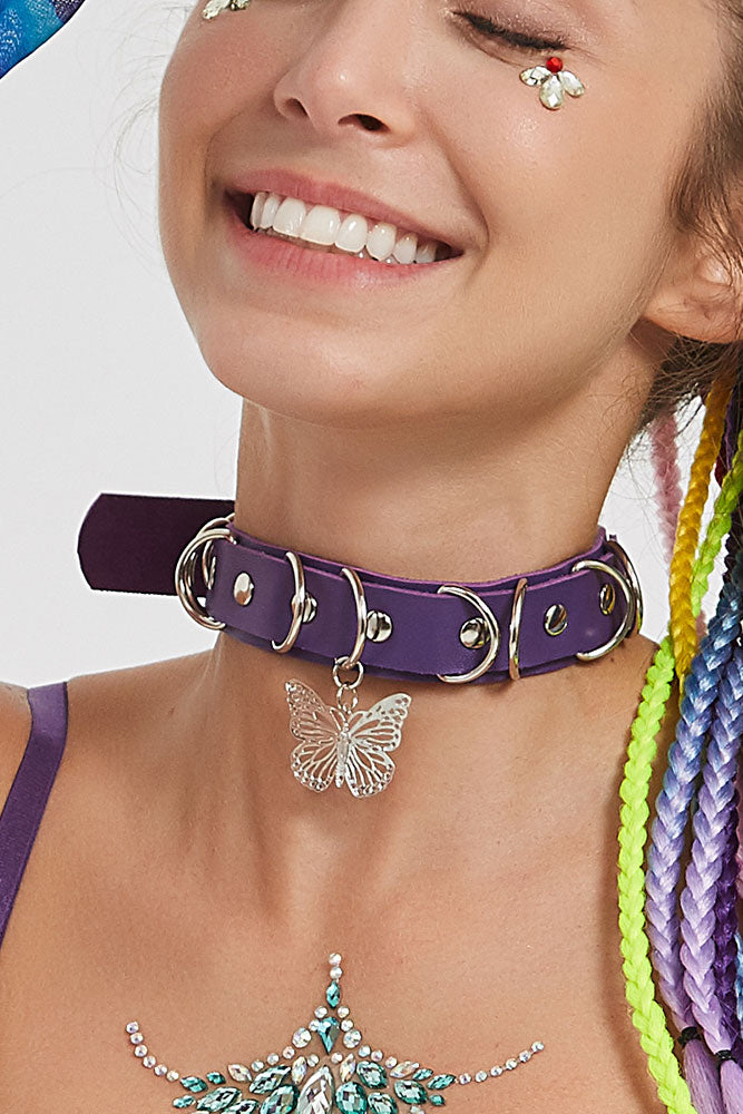 Silver Butterfly Purple Leather Choker