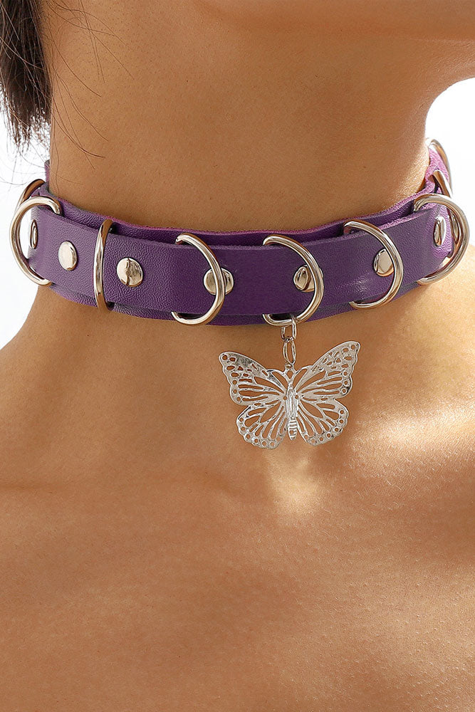 Silver Butterfly Purple Leather Choker