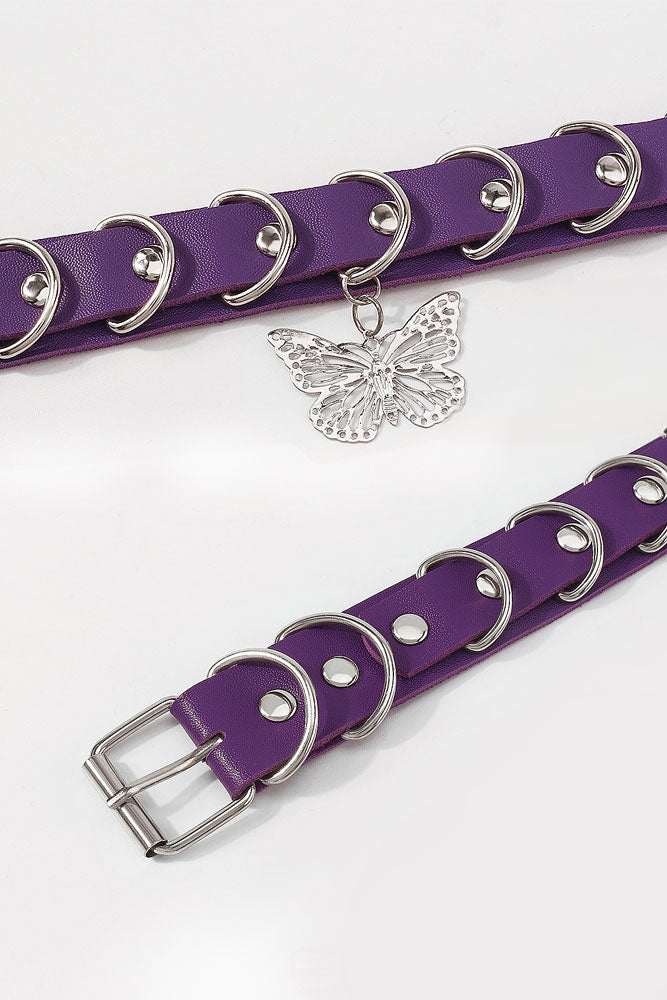 Silver Butterfly Purple Leather Choker