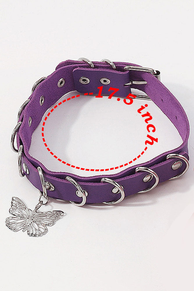 Silver Butterfly Purple Leather Choker