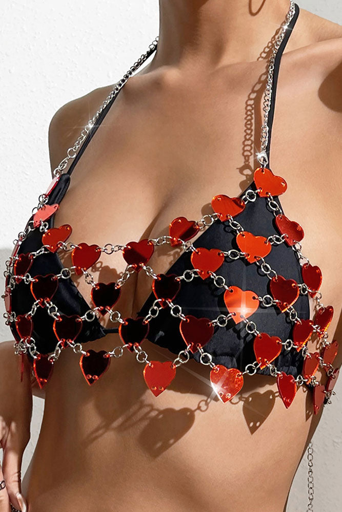 Red Heart Sequins Backless Crop Top