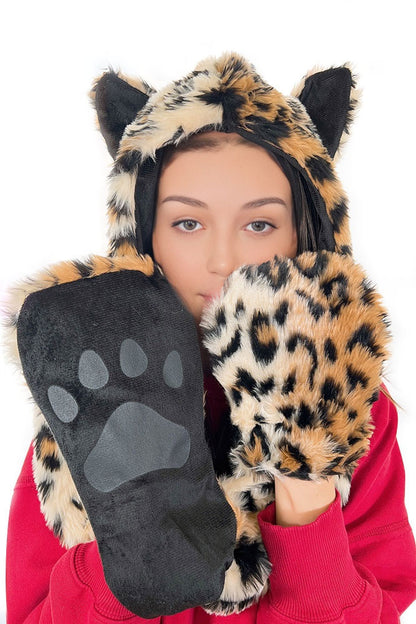 Faux Fur Ears Hood Hat - Leopard