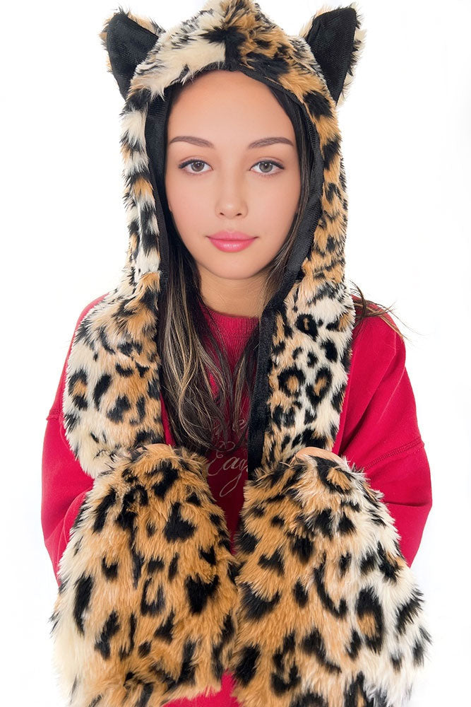 Faux Fur Ears Hood Hat - Leopard