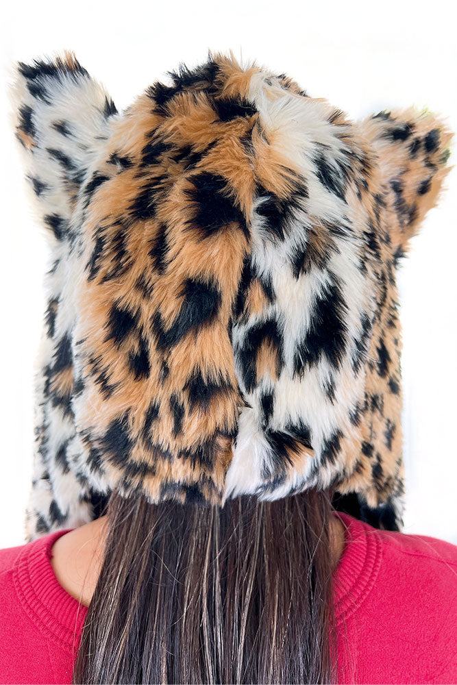 Faux Fur Ears Hood Hat - Leopard