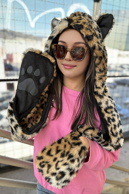 Faux Fur Ears Hood Hat - Leopard