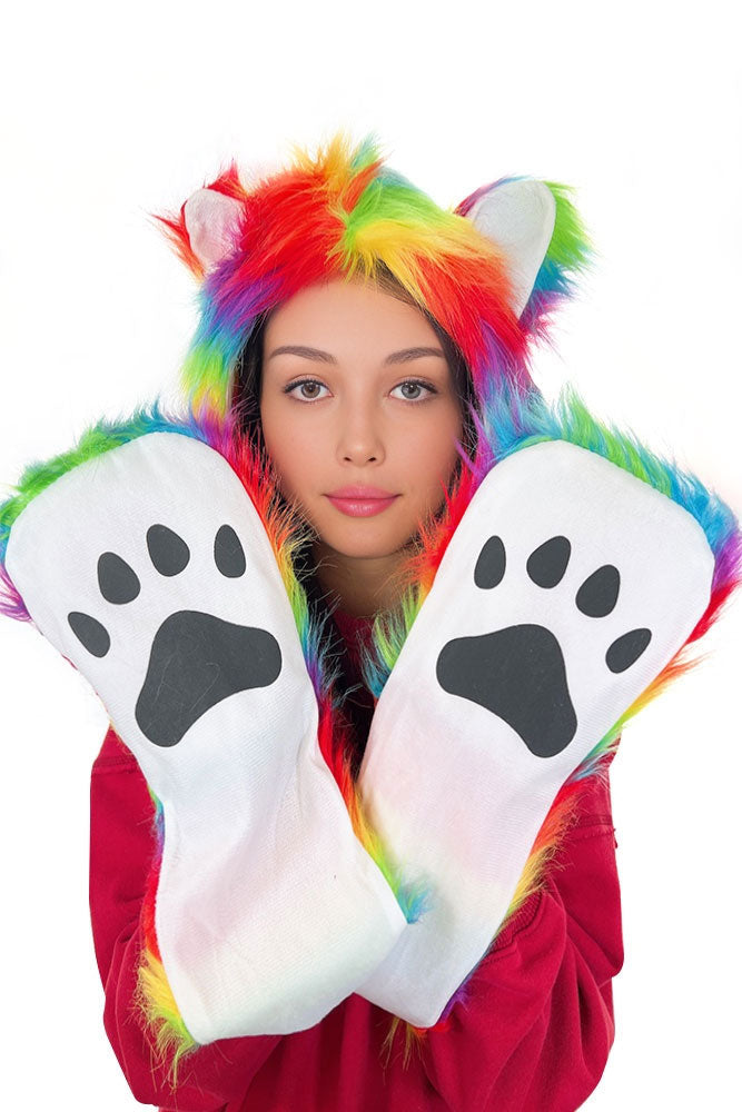 Faux Fur Ears Hood Hat - Rainbow Fox