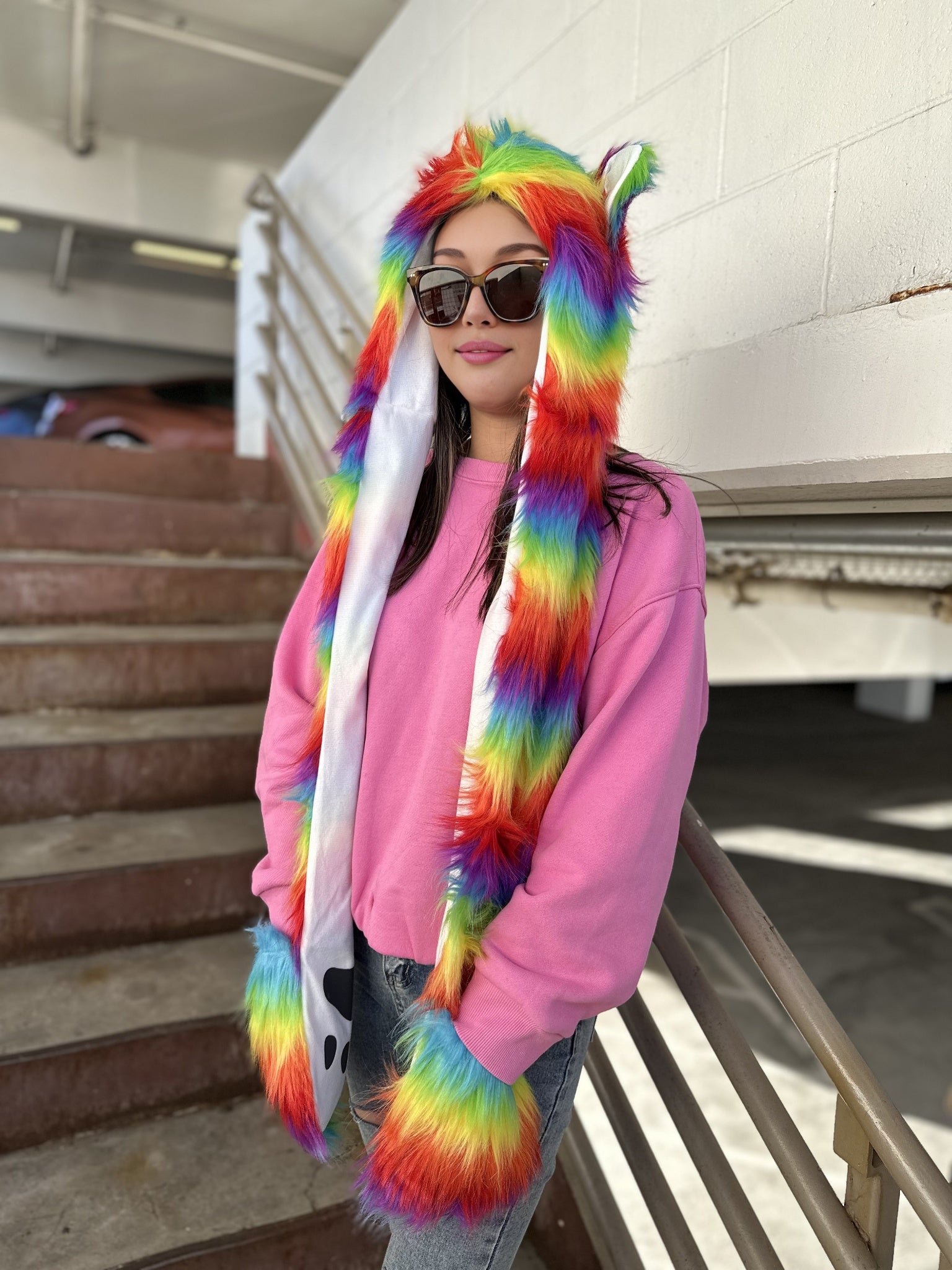 Faux Fur Ears Hood Hat - Rainbow Fox