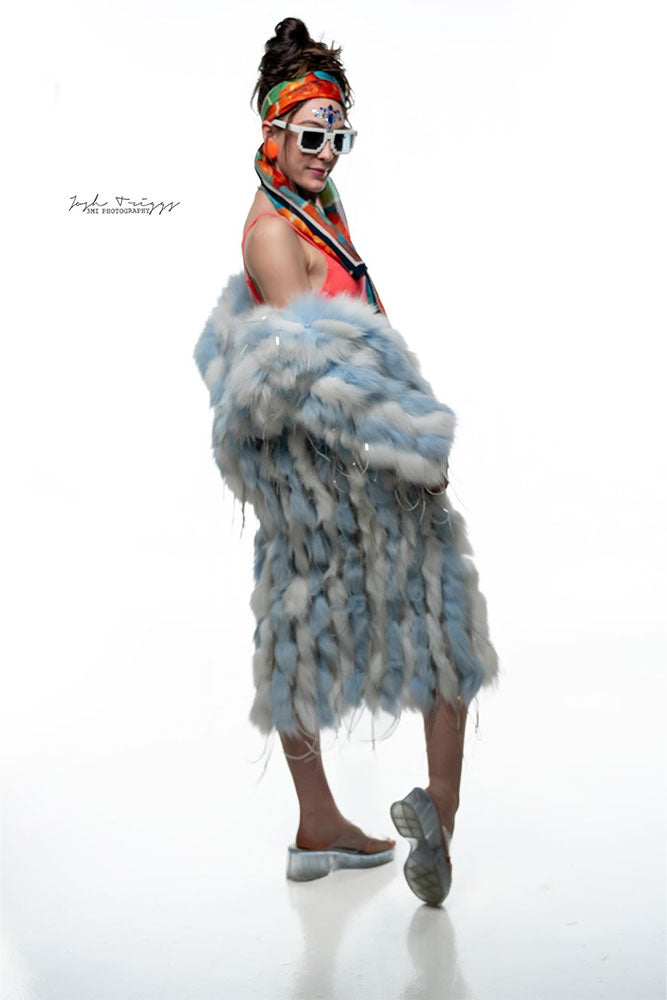 Faux Fur Fringe Long Coat - Blue