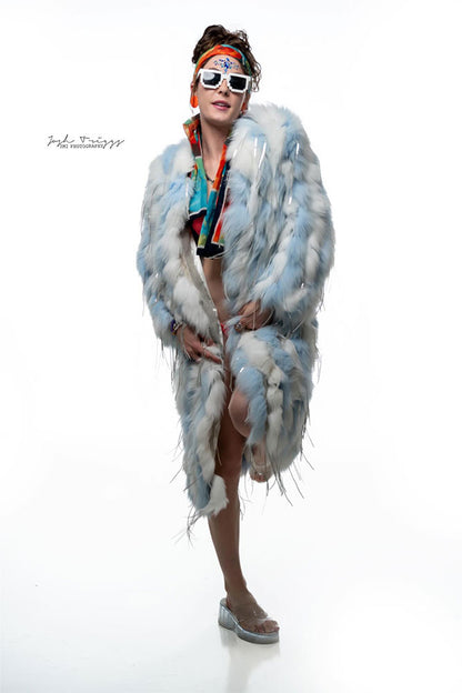 Faux Fur Fringe Long Coat - Blue