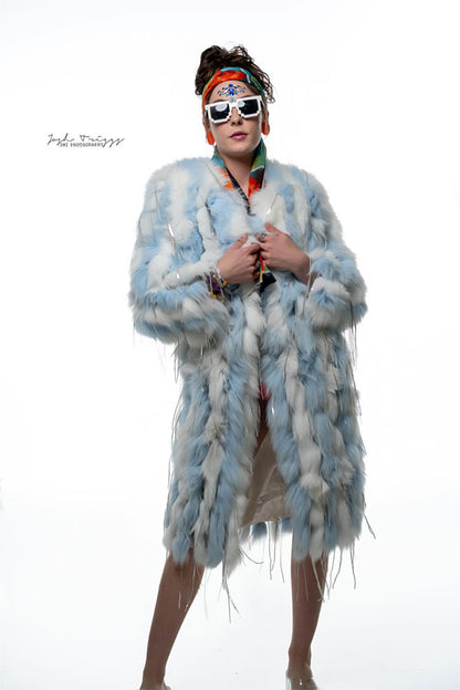 Faux Fur Fringe Long Coat - Blue