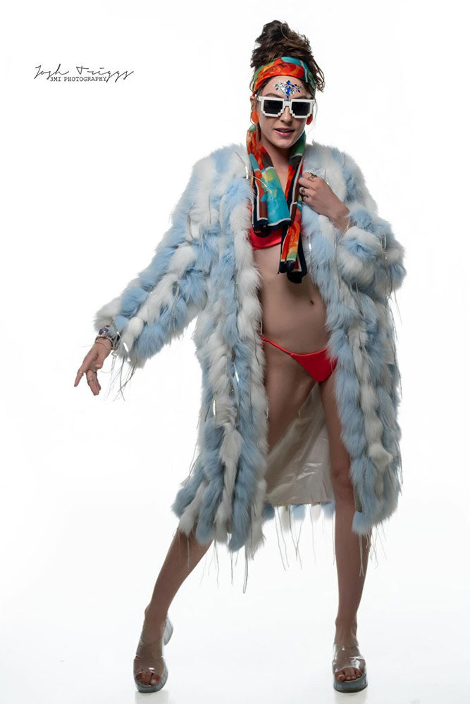 Faux Fur Fringe Long Coat - Blue