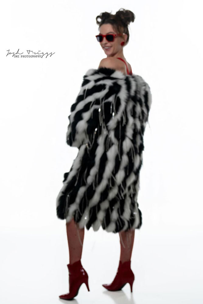 Faux Fur Fringe Long Coat - Black