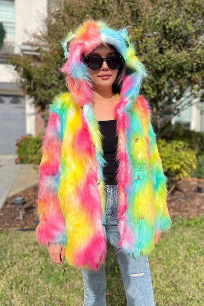 Rainbow Faux Fur Coat with Ear