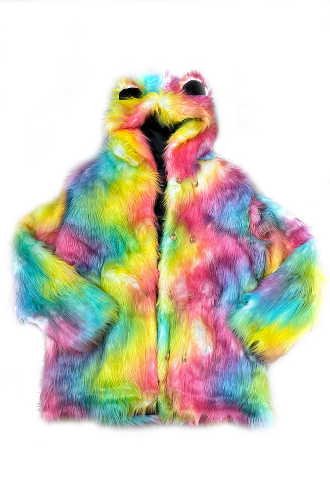 Rainbow Faux Fur Coat with Ear