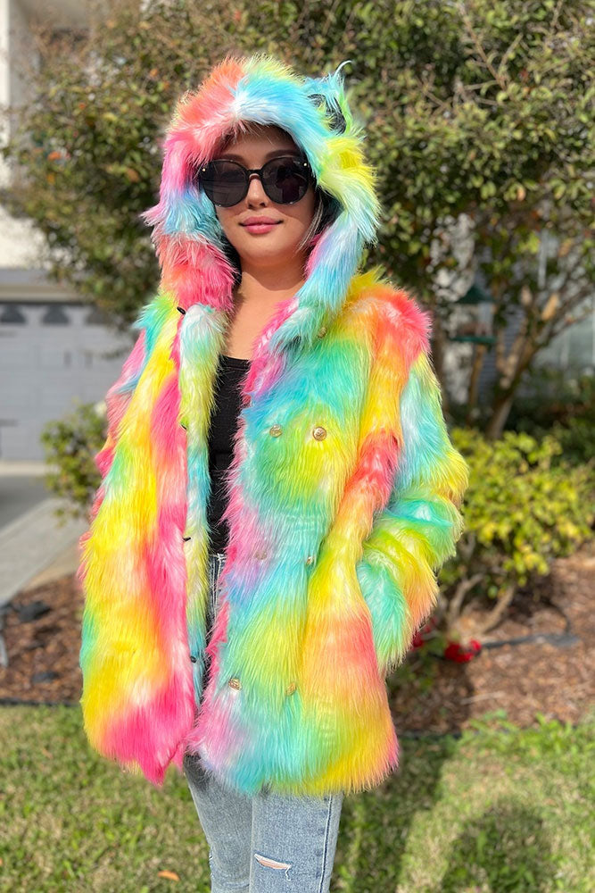 Rainbow Faux Fur Coat with Ear