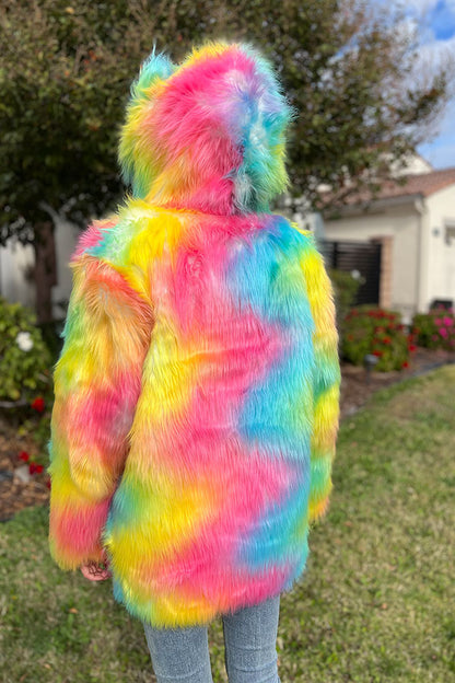 Rainbow Faux Fur Coat with Ear