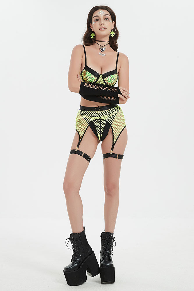 Fishnet Green Lingerie Bra Sets with Leg Straps