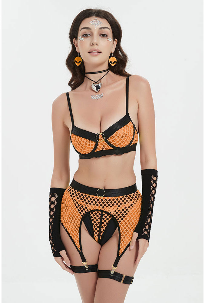 Fishnet Lingerie Bra Sets with Leg Straps