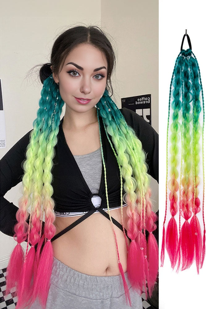 22&quot; Green / Pink Hand Braided Hair Ponytail Extension