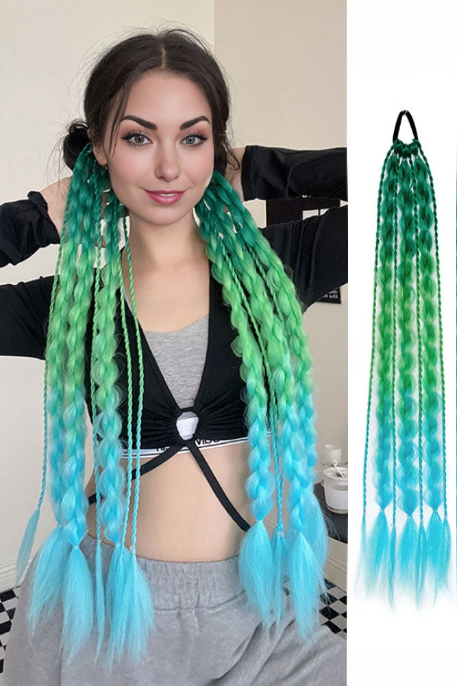 22" Green / Blue Hand Braided Hair Ponytail Extension